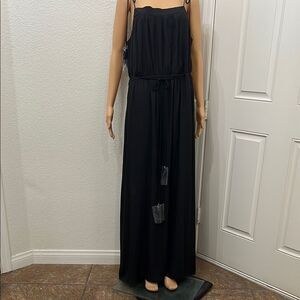LOFT Black Maxi Dress Sz Large Adjustable Tie Strap Elastic Waist Tassel Straps